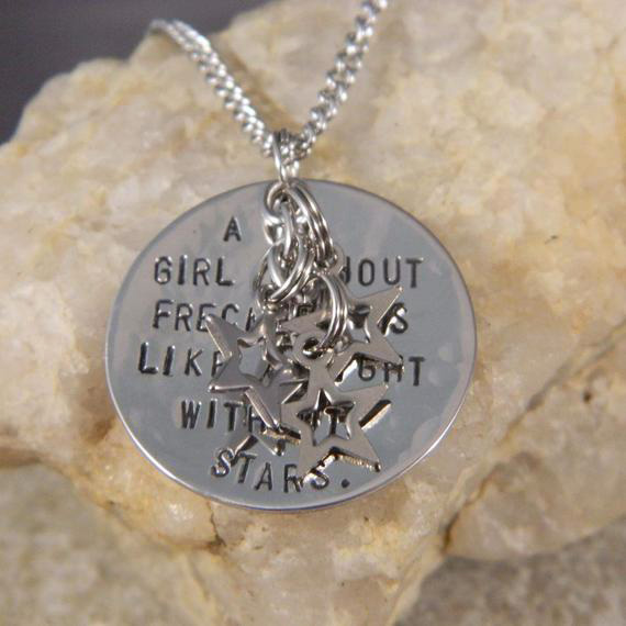 A girl without Freckles is like a Night without Stars Handstamped Necklace with Hanging Stars